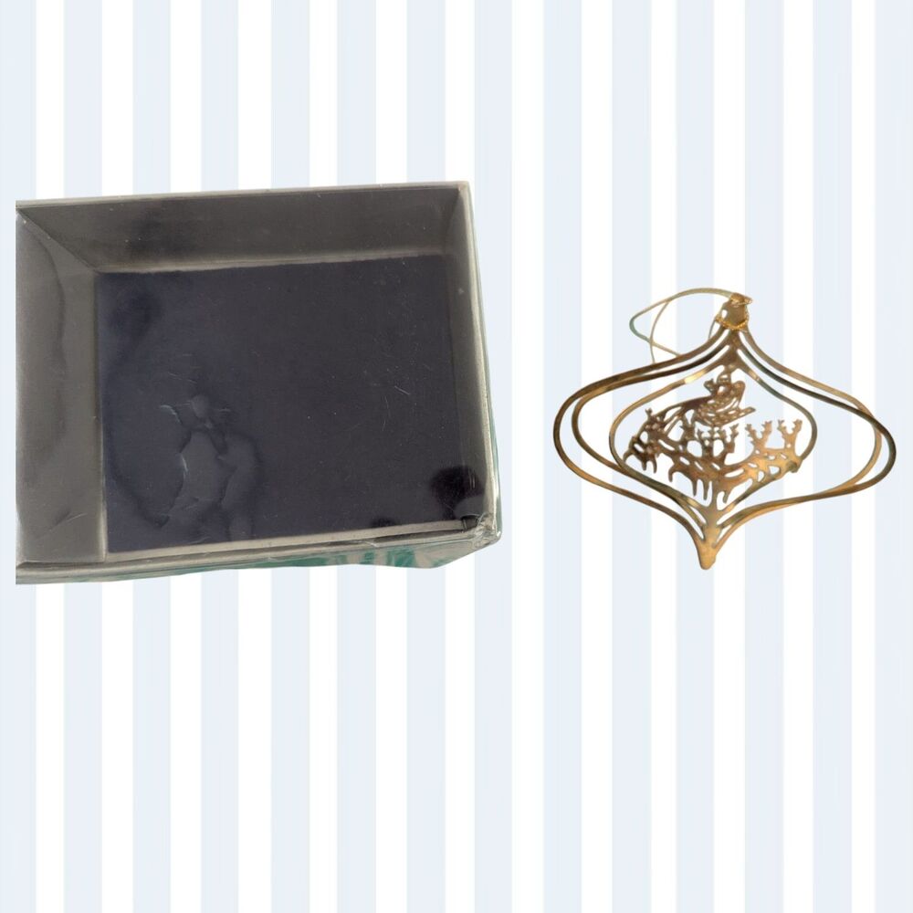 Vintage 1983 Gold Plated Brass Christmas Fantasy Ornament Santa Reindeer Tree